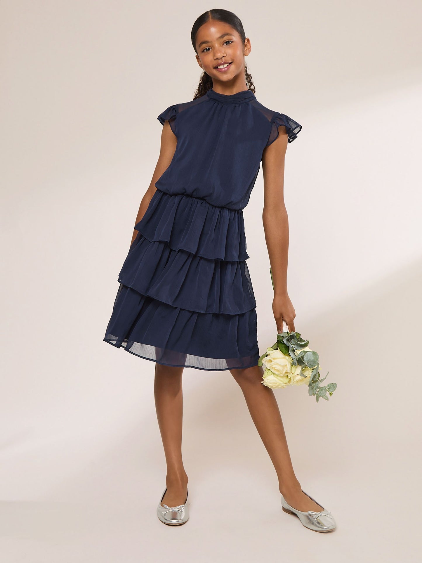 Dsiney Kidz - Lipsy Navy Blue Flutter Sleeve Tiered Occasion Dress (7-16yrs) image 3