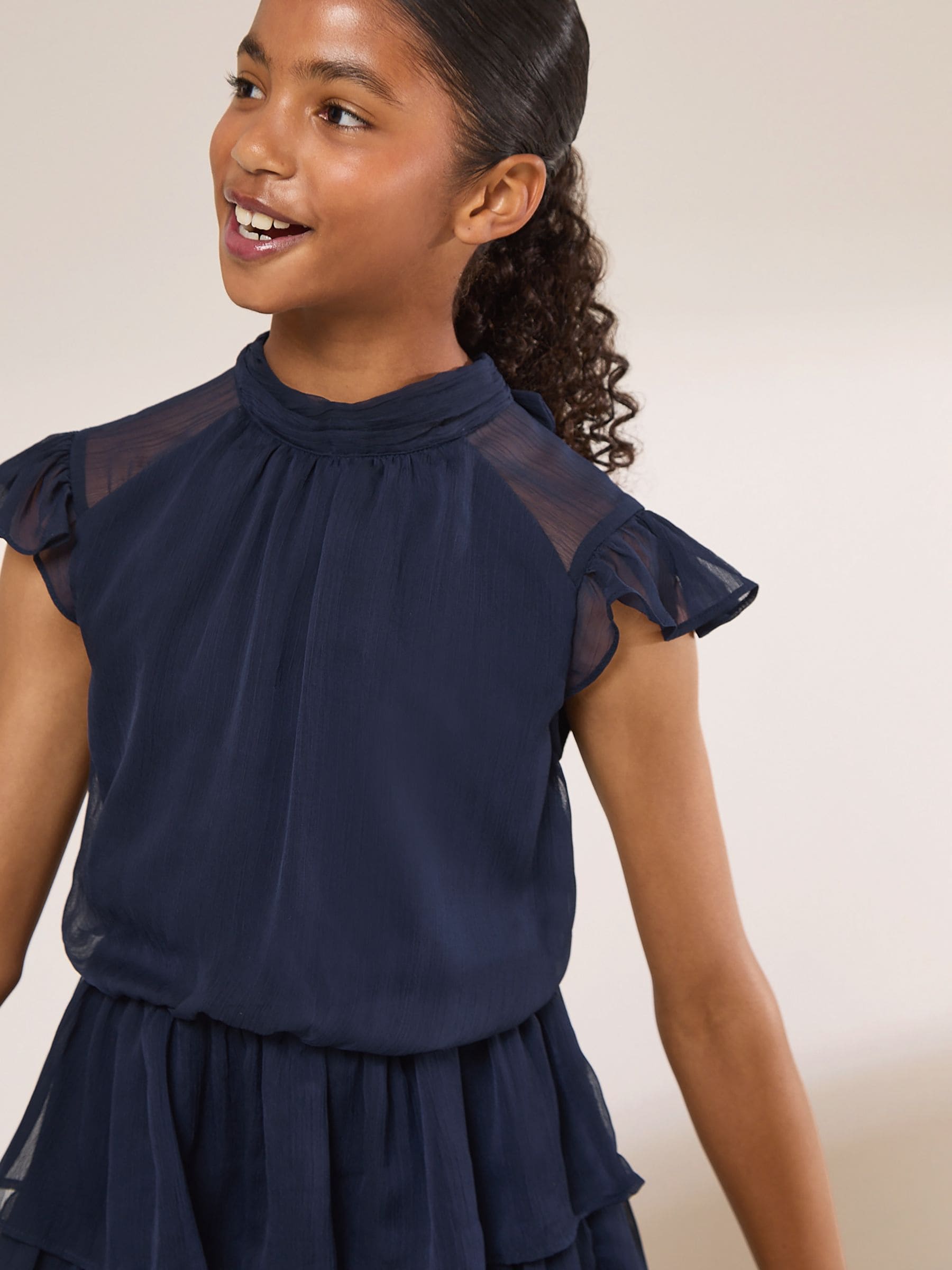 Dsiney Kidz - Lipsy Navy Blue Flutter Sleeve Tiered Occasion Dress (7-16yrs) image 4