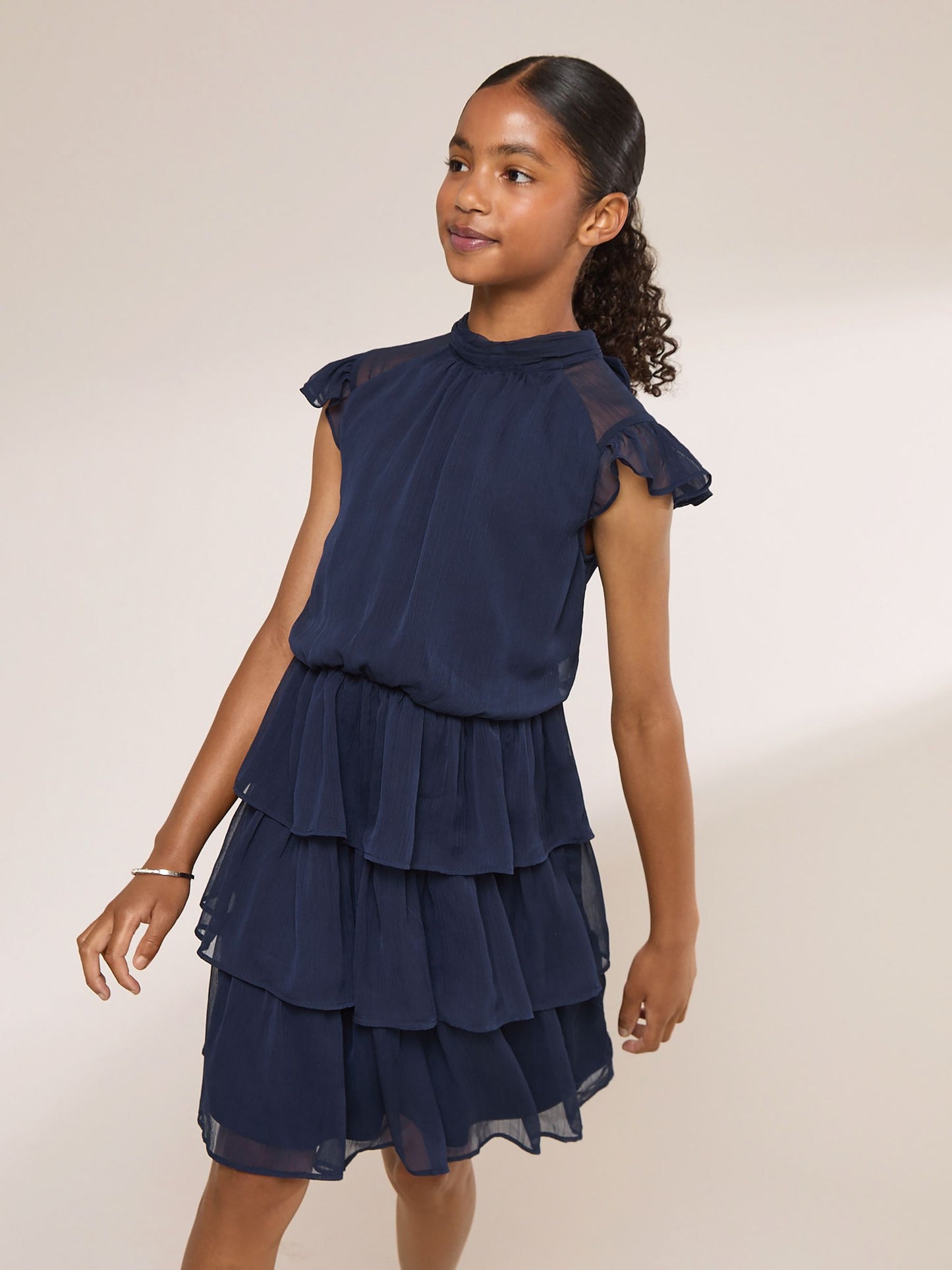 Dsiney Kidz - Lipsy Navy Blue Flutter Sleeve Tiered Occasion Dress (7-16yrs) image 5