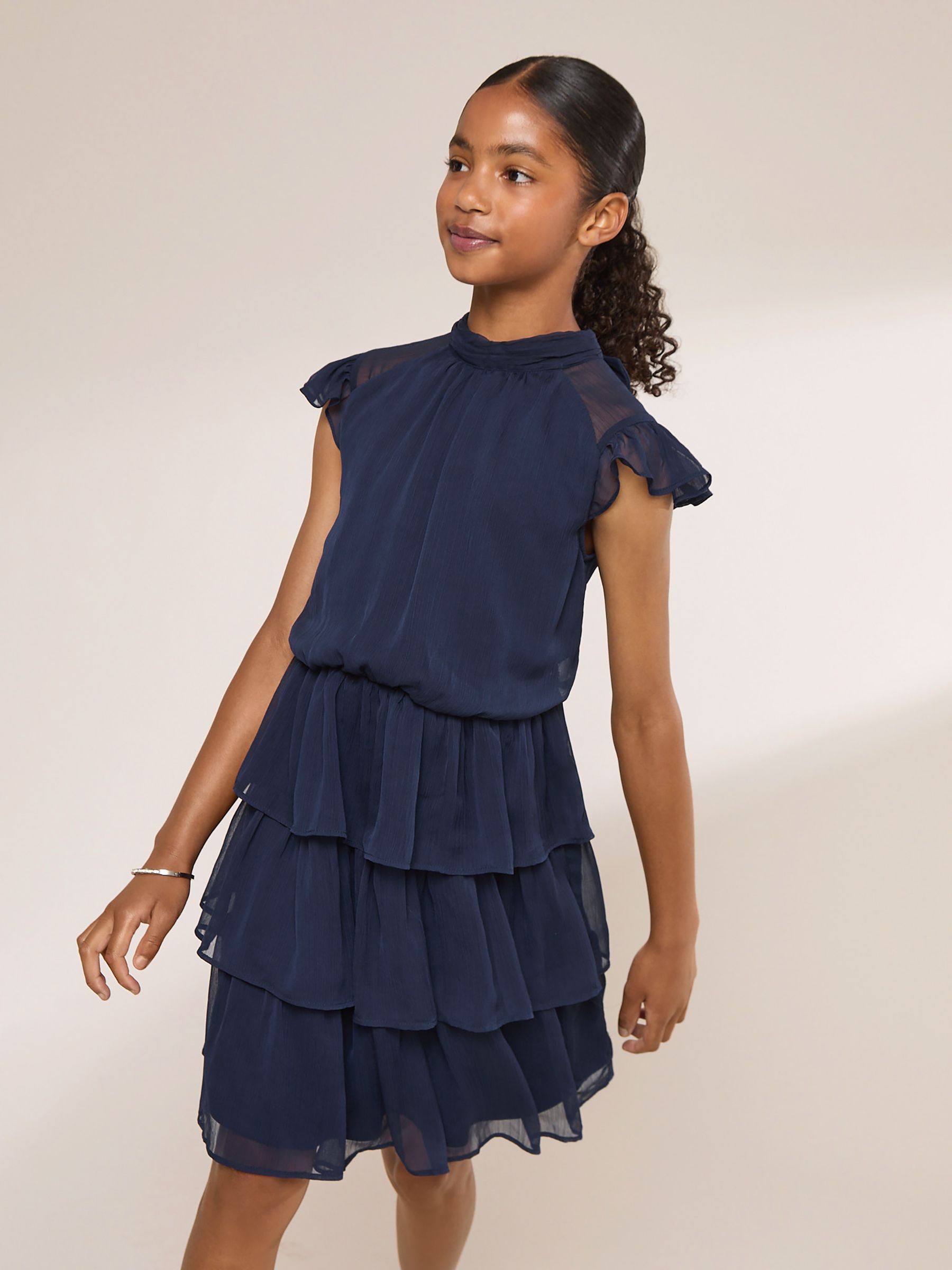 Dsiney Kidz - Lipsy Navy Blue Flutter Sleeve Tiered Occasion Dress (7-16yrs) image 5