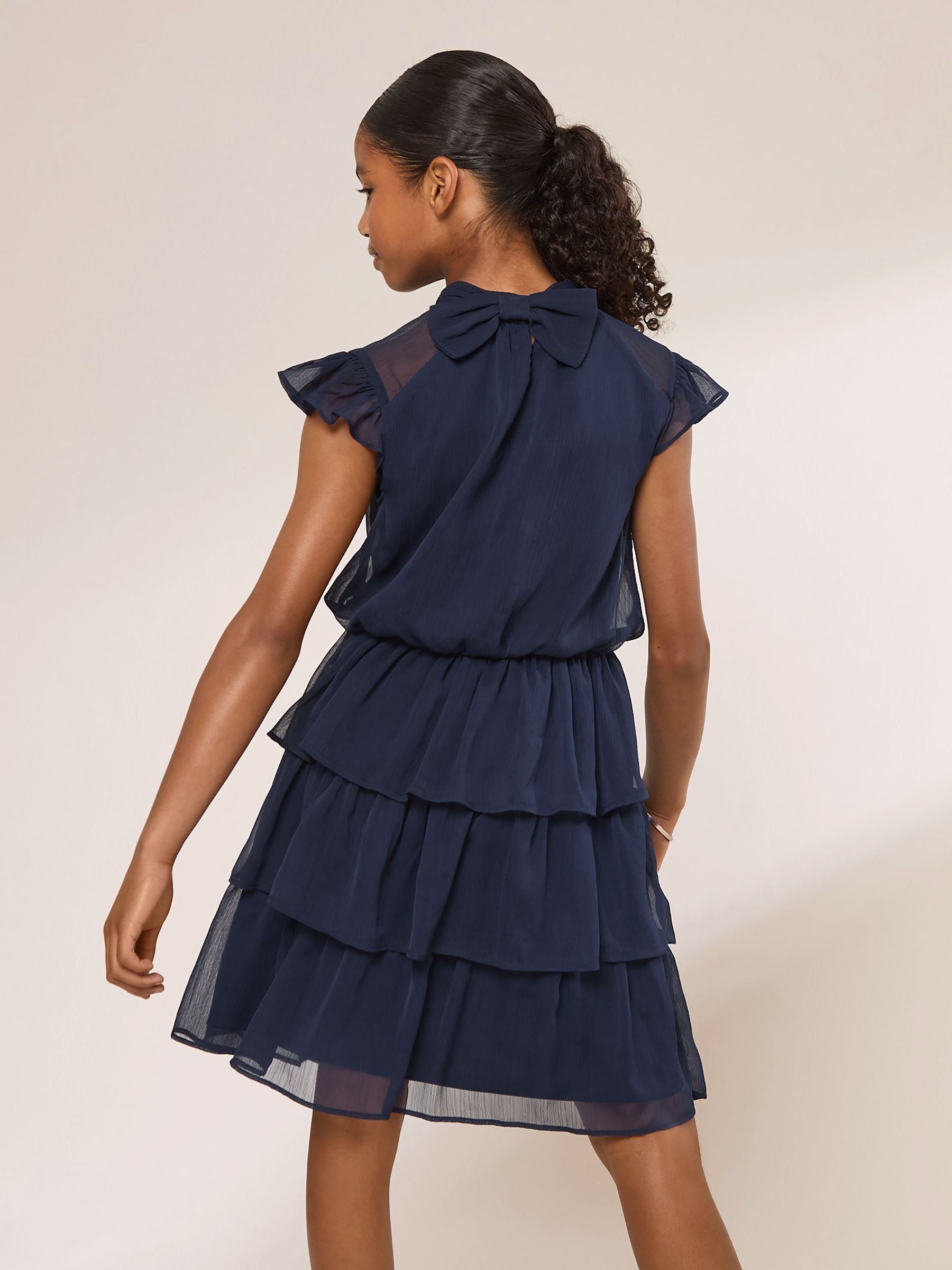 Dsiney Kidz - Lipsy Navy Blue Flutter Sleeve Tiered Occasion Dress (7-16yrs) image 6