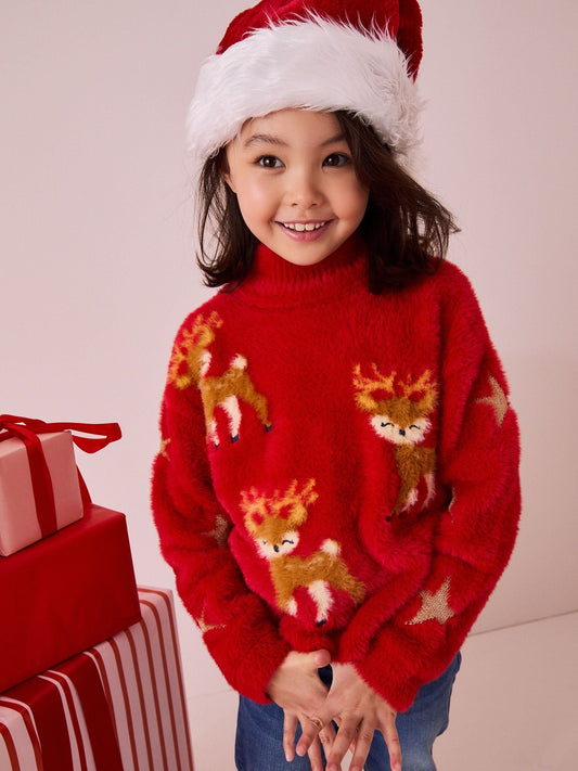 Red Fluffy Reindeer Jumper (3-16yrs) (3-16yrs)