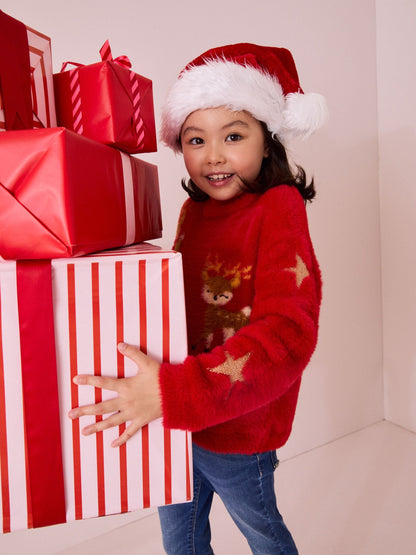 Red Fluffy Reindeer Jumper (3-16yrs) (3-16yrs)