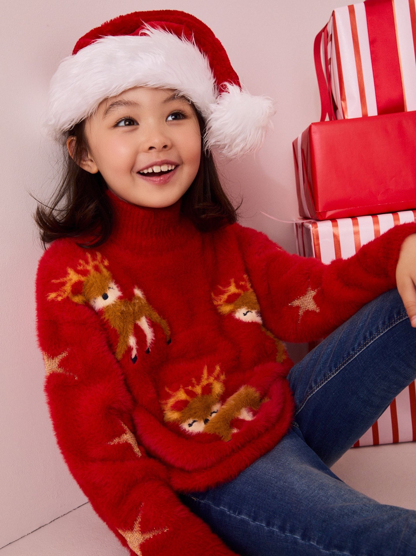 Red Fluffy Reindeer Jumper (3-16yrs) (3-16yrs)