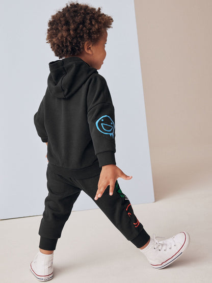 Black Graffiti All-Over Printed Hoodie and Joggers Set (3mths-7yrs)