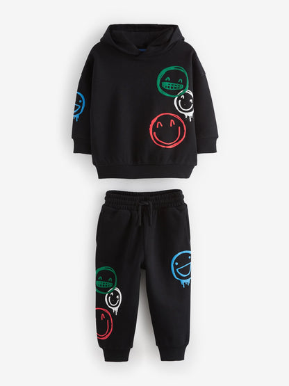 Black Graffiti All-Over Printed Hoodie and Joggers Set (3mths-7yrs)