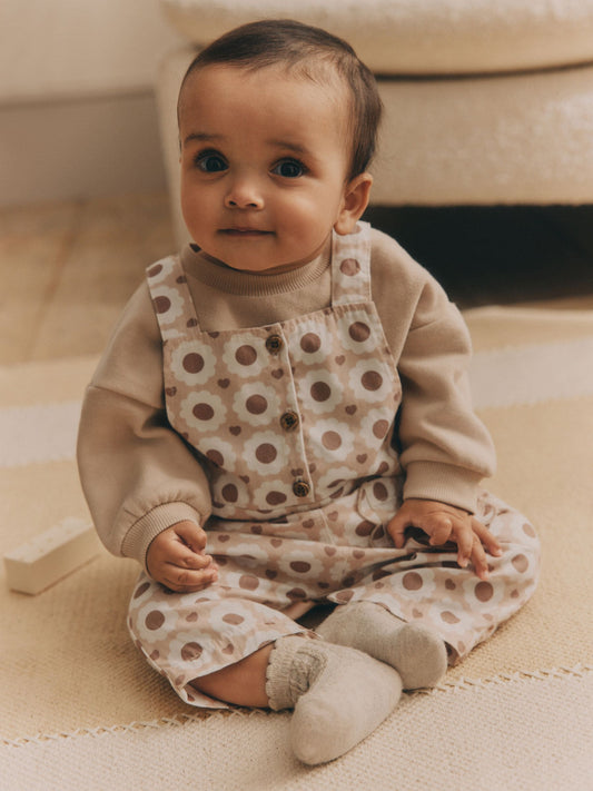 Tan Brown/Cream Floral Baby Dungarees and Bodysuit Set (0mths-2yrs) image 1