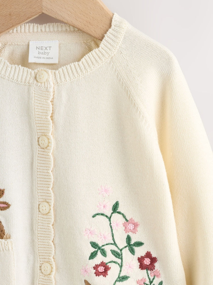 Natural Embroidered Baby Bunny Cardigan (0mths-3yrs)