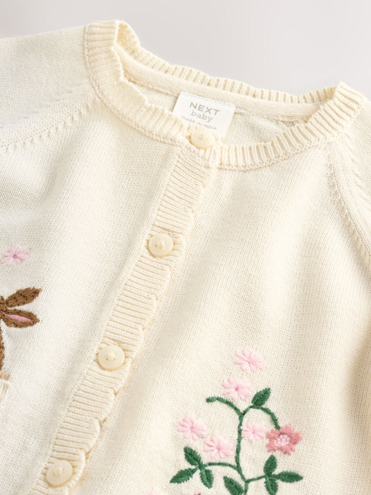 Natural Embroidered Baby Bunny Cardigan (0mths-3yrs)
