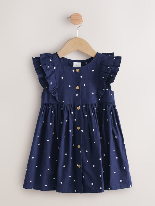 Navy Spot Double Ruffle Sleeve Dress (3mths-8yrs)