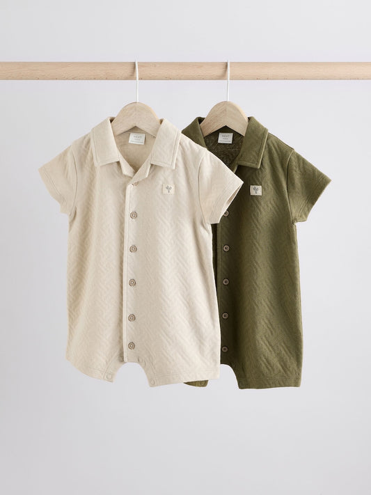 Neutral/Khaki Textured Baby Rompers 2 Pack