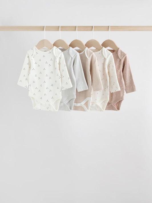 Neutral 100% Cotton Long Sleeve Baby Bodysuits 5 Pack