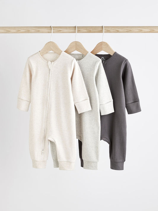 Neutral Baby Footless 2 Way Zip 100% Cotton Sleepsuits 3 Pack (0mths-3yrs)