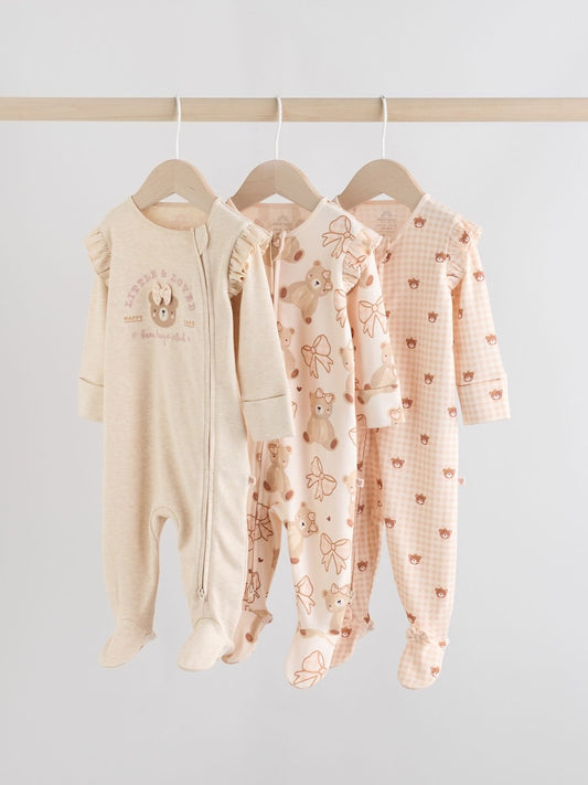 Neutral Bear Two Way Zip Baby Sleepsuits 3 Pack (0-2yrs)