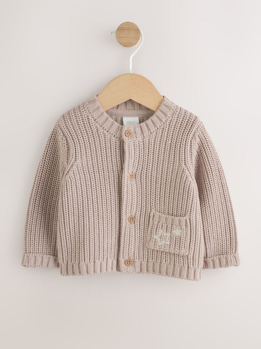 Neutral Hello World Knitted Embroidered Baby Cardigan