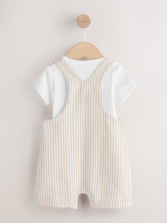 Neutral Stripe Woven Dungaree and Bodysuit Baby Set Immediate