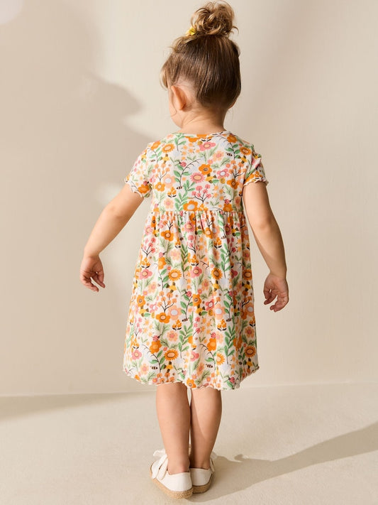 Orange Floral Short Sleeve Ribbed Dress (3mths-7yrs)