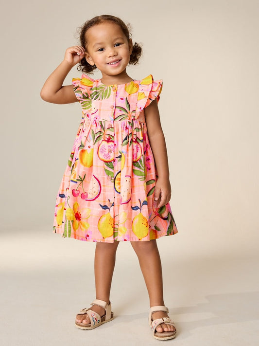 Peach Pink Tropical Double Ruffle Sleeve Dress (3mths-8yrs)