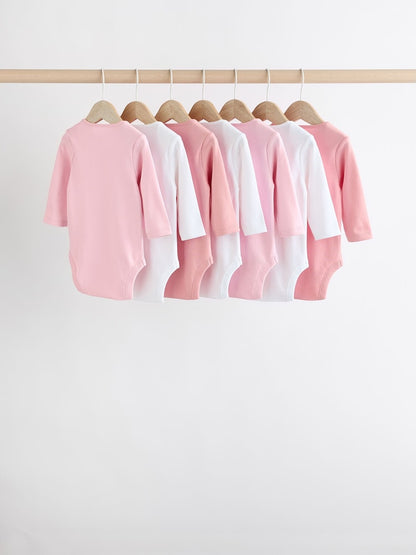 Pink/White 7 Pack Essential Long Sleeve Baby Bodysuits