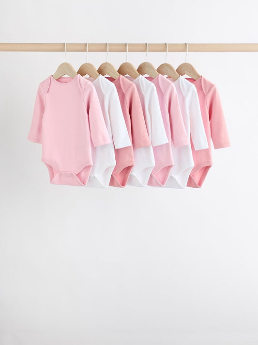 Pink/White 7 Pack Essential Long Sleeve Baby Bodysuits