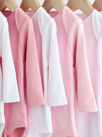 Pink/White 7 Pack Essential Long Sleeve Baby Bodysuits