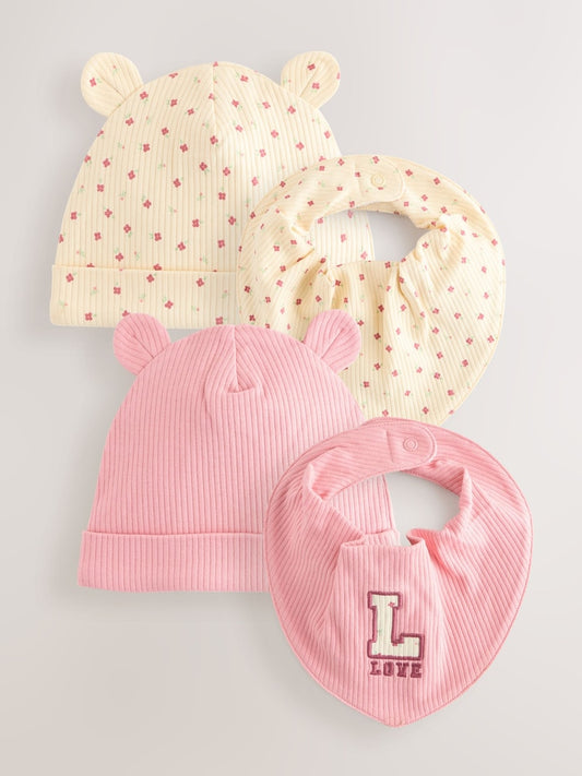 Pink 4 Piece Baby Beanies And Dibble Bibs Set (0-18mths)