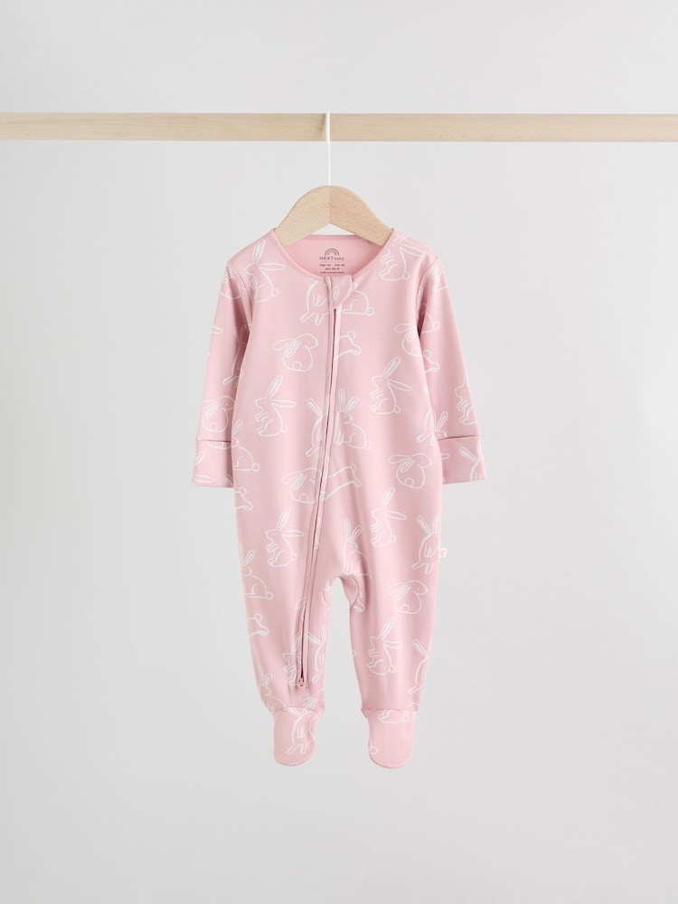 Pink Bunny Two Way Zip Baby Sleepsuits 3 Pack Immediate