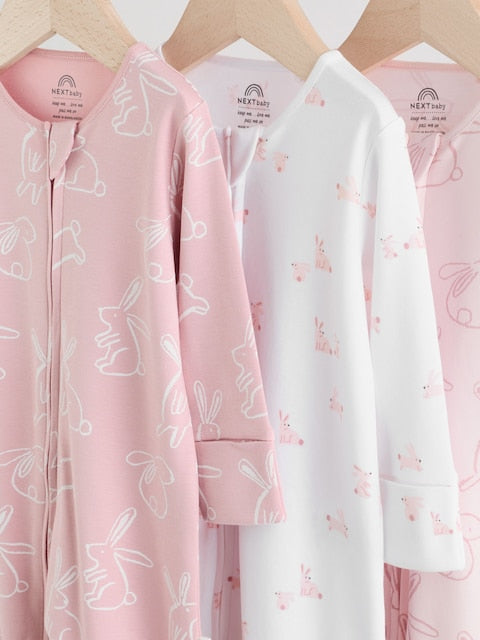 Pink Bunny Two Way Zip Baby Sleepsuits 3 Pack Immediate