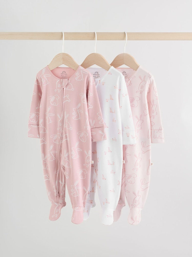 Pink Bunny Two Way Zip Baby Sleepsuits 3 Pack Immediate