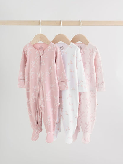 Pink Bunny Two Way Zip Baby Sleepsuits 3 Pack Immediate