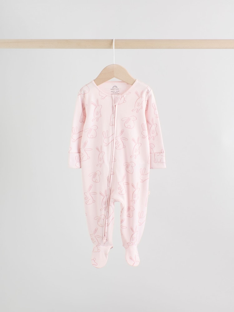 Pink Bunny Two Way Zip Baby Sleepsuits 3 Pack Immediate
