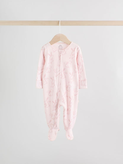 Pink Bunny Two Way Zip Baby Sleepsuits 3 Pack Immediate