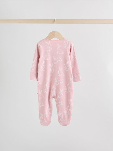 Pink Bunny Two Way Zip Baby Sleepsuits 3 Pack Immediate