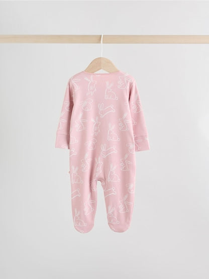 Pink Bunny Two Way Zip Baby Sleepsuits 3 Pack Immediate