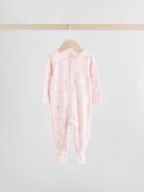 Pink Bunny Two Way Zip Baby Sleepsuits 3 Pack Immediate