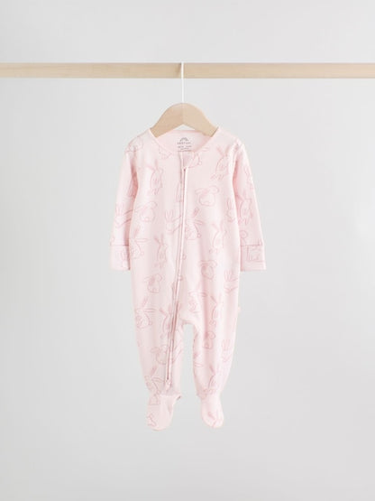Pink Bunny Two Way Zip Baby Sleepsuits 3 Pack Immediate