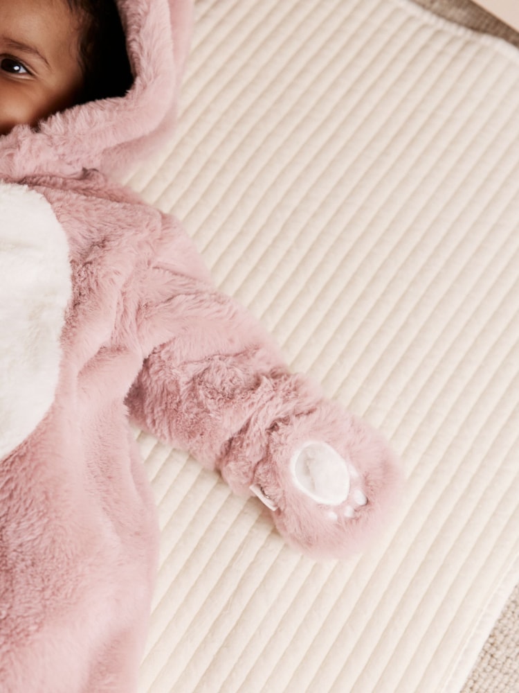 Pink Faux Fur Baby Bunny Pramsuit Immediate