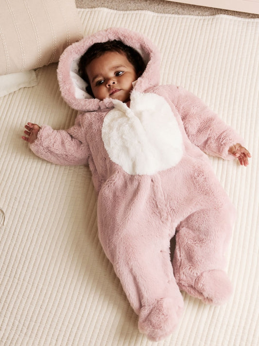 Pink Faux Fur Baby Bunny Pramsuit Immediate