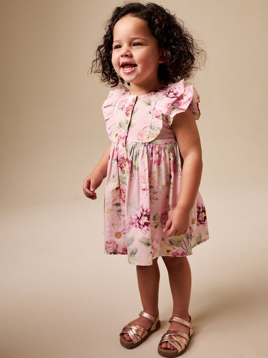 Pink Floral Double Ruffle Sleeve Dress (3mths-8yrs)