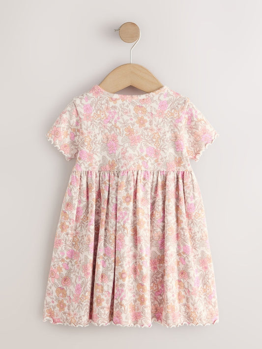Pink Floral Short Sleeve Ribbed Dress (3mths-7yrs)