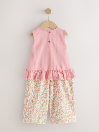 Pink Flower Broiderie Vest and Wide Trousers Set Immediate