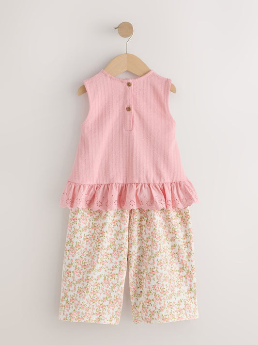 Pink Flower Broiderie Vest and Wide Trousers Set Immediate