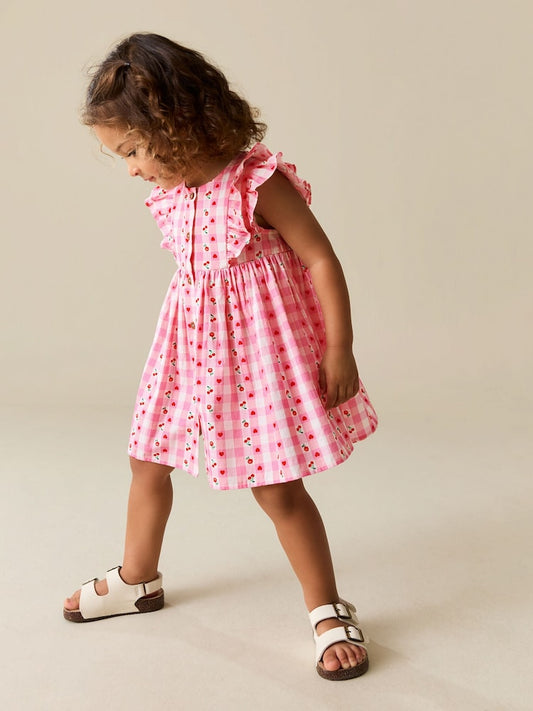 Pink Gingham Cherry Double Ruffle Sleeve Dress (3mths-8yrs)
