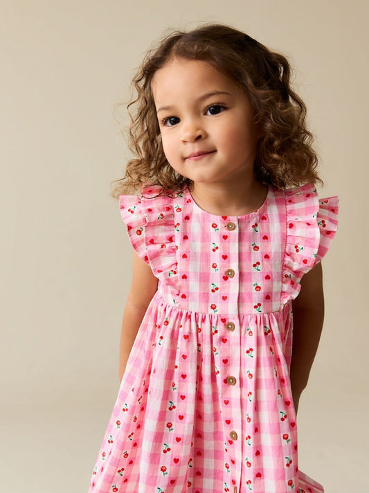 Pink Gingham Cherry Double Ruffle Sleeve Dress (3mths-8yrs)