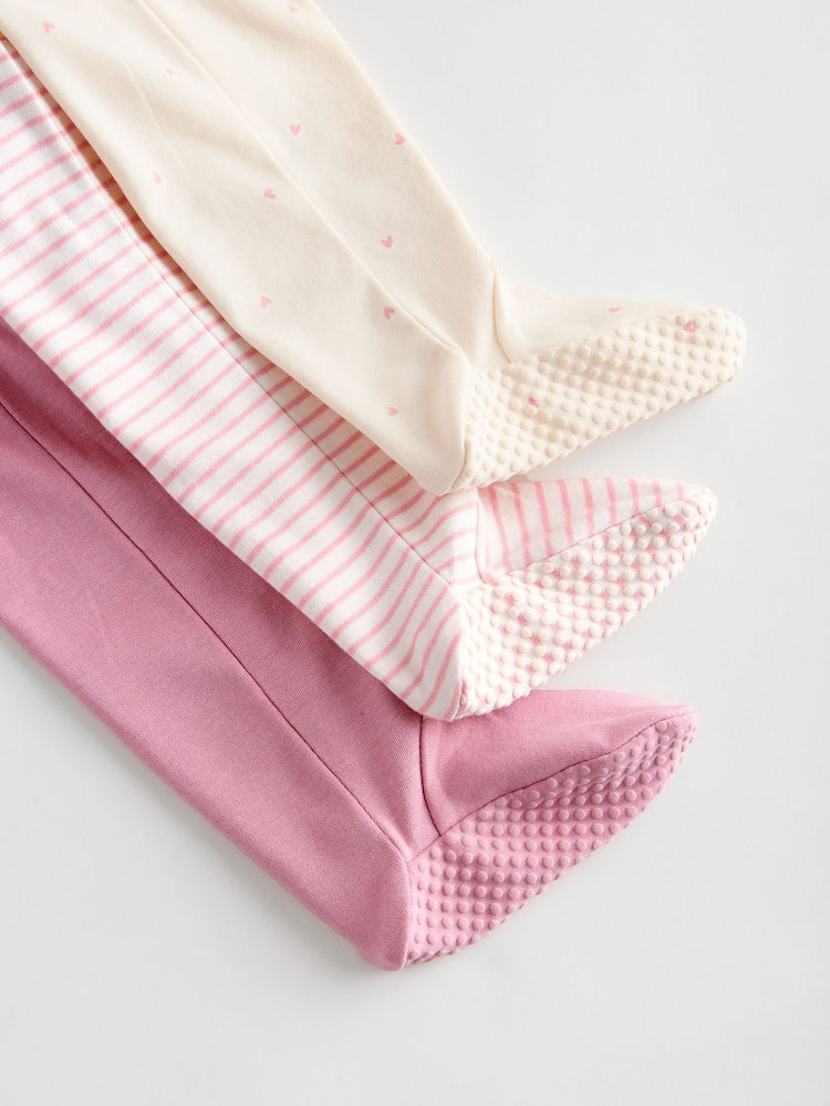 Pink Heart Two Way Zip Baby Sleepsuits 3 Pack Immediate