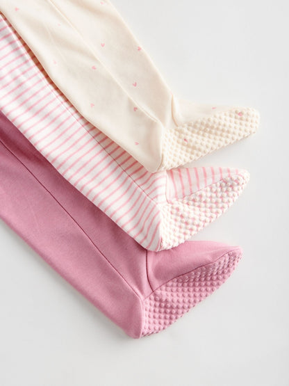 Pink Heart Two Way Zip Baby Sleepsuits 3 Pack Immediate
