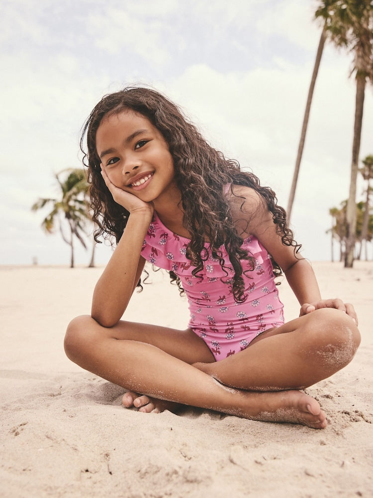Pink Woodblock One Shoulder Ruffle Swimsuit Immediate