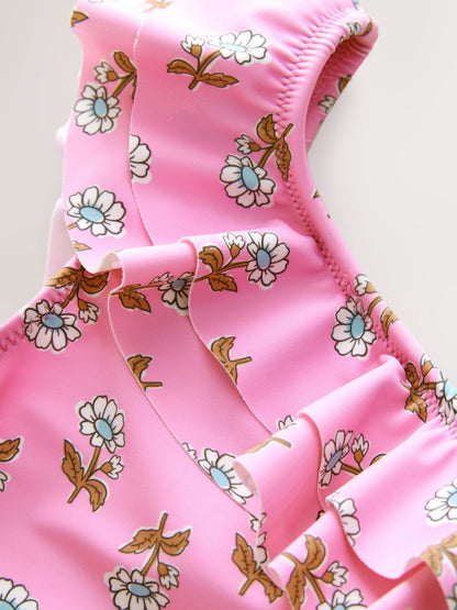 Pink Woodblock One Shoulder Ruffle Swimsuit Immediate