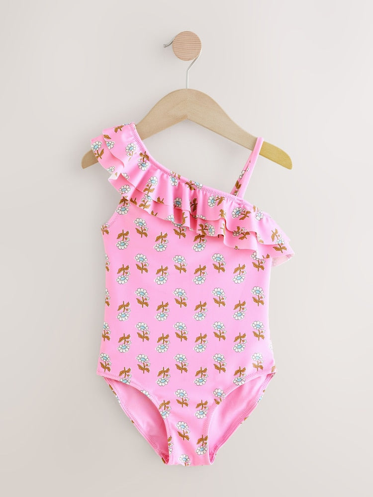 Pink Woodblock One Shoulder Ruffle Swimsuit Immediate