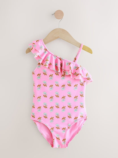 Pink Woodblock One Shoulder Ruffle Swimsuit Immediate